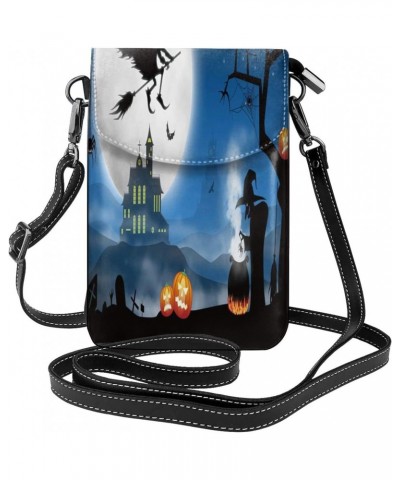 Women Cell Phone Purse Leather Crossbody Bag-Halloween Moon Night Witch Bats Mini Shoulder Bag Card Holder Wallet $26.39 Shou...