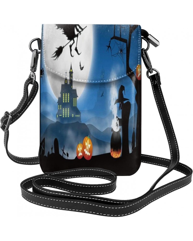 Women Cell Phone Purse Leather Crossbody Bag-Halloween Moon Night Witch Bats Mini Shoulder Bag Card Holder Wallet $26.39 Shou...