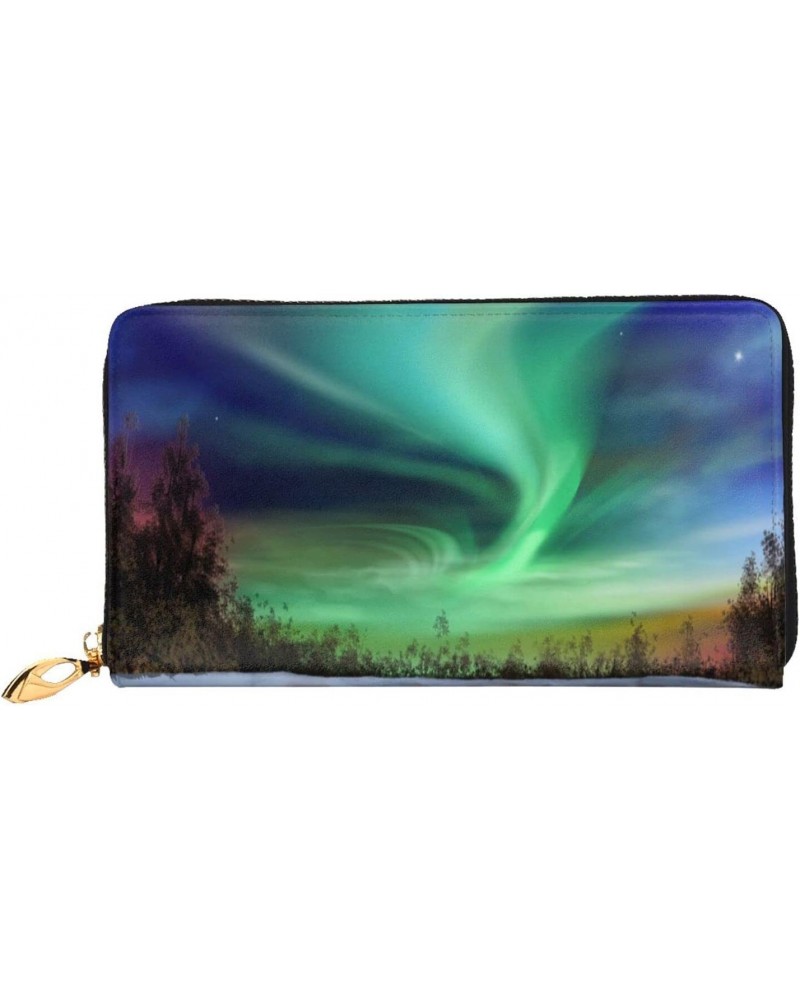 Amazing Green Northern Lights Leather Wallet Long Clutch Purse Fashion Wristlet Handbag For Women And Men $27.65 Wristlets