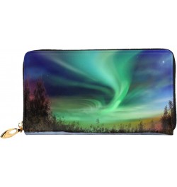 Amazing Green Northern Lights Leather Wallet Long Clutch Purse Fashion Wristlet Handbag For Women And Men $27.65 Wristlets