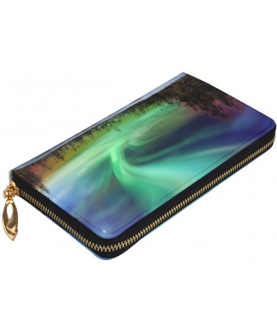 Amazing Green Northern Lights Leather Wallet Long Clutch Purse Fashion Wristlet Handbag For Women And Men $27.65 Wristlets