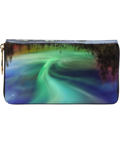 Amazing Green Northern Lights Leather Wallet Long Clutch Purse Fashion Wristlet Handbag For Women And Men $27.65 Wristlets