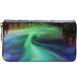 Amazing Green Northern Lights Leather Wallet Long Clutch Purse Fashion Wristlet Handbag For Women And Men $27.65 Wristlets