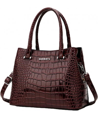 Crocodile Pattern Purse Top Handle Handbag for Women Patent PU Leather Satchel Shoulder Bag-Green Dark Wine $37.65 Totes