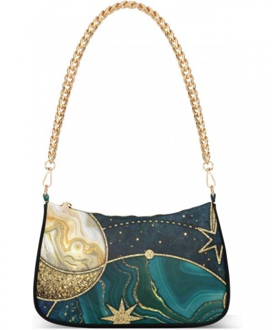 Women Chain Shoulder Purse Bag With Zipper Vintage Cosmic Marble Print, Moon Star Hobo Tote Clutch Handbags with Chain Strap ...