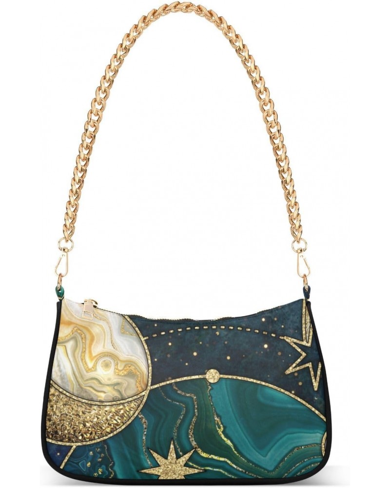 Women Chain Shoulder Purse Bag With Zipper Vintage Cosmic Marble Print, Moon Star Hobo Tote Clutch Handbags with Chain Strap ...