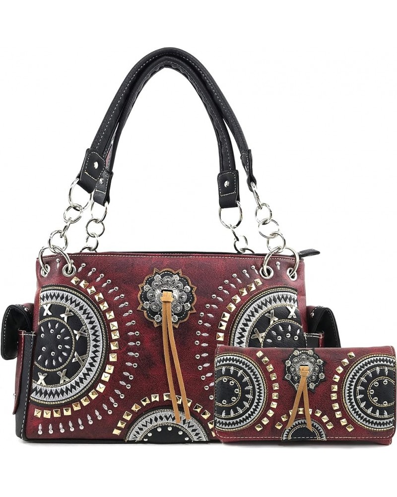 Native American Circle Mountain Gold Studs Embroidered Studded CCW Concealed Carry Shoulder Purse Handbag Red Handbag Wallet ...