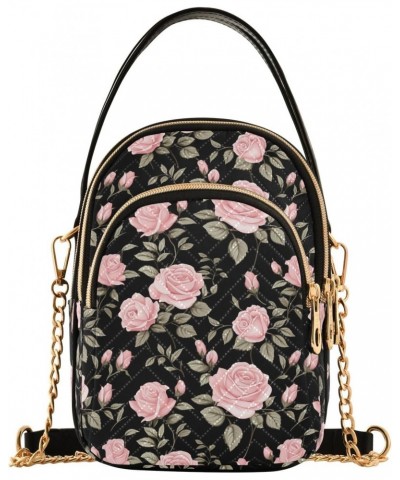 Floral Pink Rose Theme Women's Crossbody Handbags with Zipper, Casual Leather Cell Phone Purse Crossbody Bags for Ladies $13....