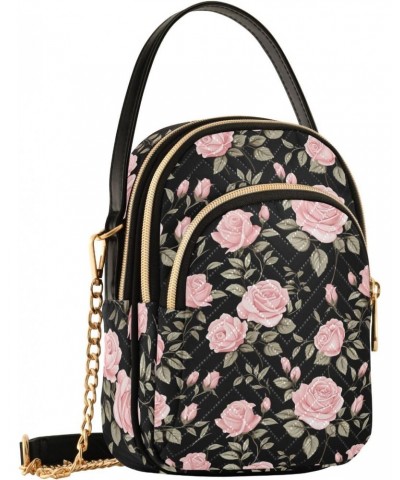 Floral Pink Rose Theme Women's Crossbody Handbags with Zipper, Casual Leather Cell Phone Purse Crossbody Bags for Ladies $13....