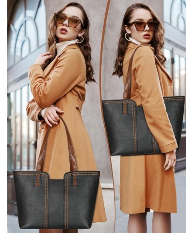 Women's Vegan Leather Tote Purses with Zipper Casual Shoulder Bags Large Capacity Handbags Three Chocolate $10.34 Totes