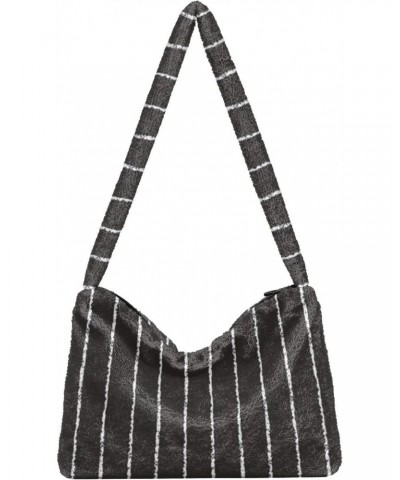 Plush Underarm Bag-Black White Stripe, Ladies Fluffy Shoulder Bag, Women Fluffy Tote Bag for Autumn and Winter $10.79 Totes