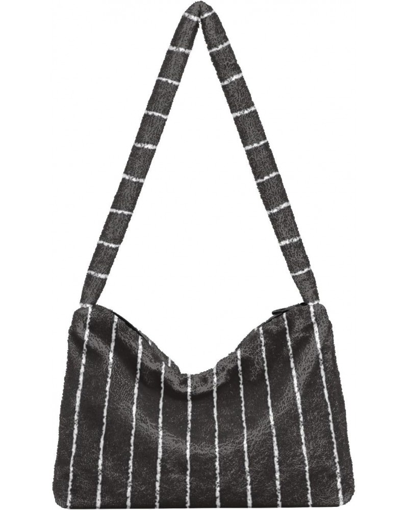 Plush Underarm Bag-Black White Stripe, Ladies Fluffy Shoulder Bag, Women Fluffy Tote Bag for Autumn and Winter $10.79 Totes