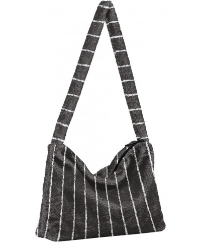 Plush Underarm Bag-Black White Stripe, Ladies Fluffy Shoulder Bag, Women Fluffy Tote Bag for Autumn and Winter $10.79 Totes