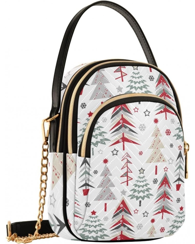 Cartoon Christmas Trees on White Womens Sling Backpack Crossbody Chain Shoulder Bags Waist Packs Multipurpose Handbags for Tr...