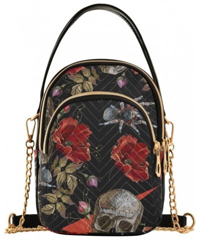 Halloween Spider Floral Skull Crossbody Bags for Women Crossbody Purse Mini Messenger Shoulder Bag with Chain Strap for Daily...