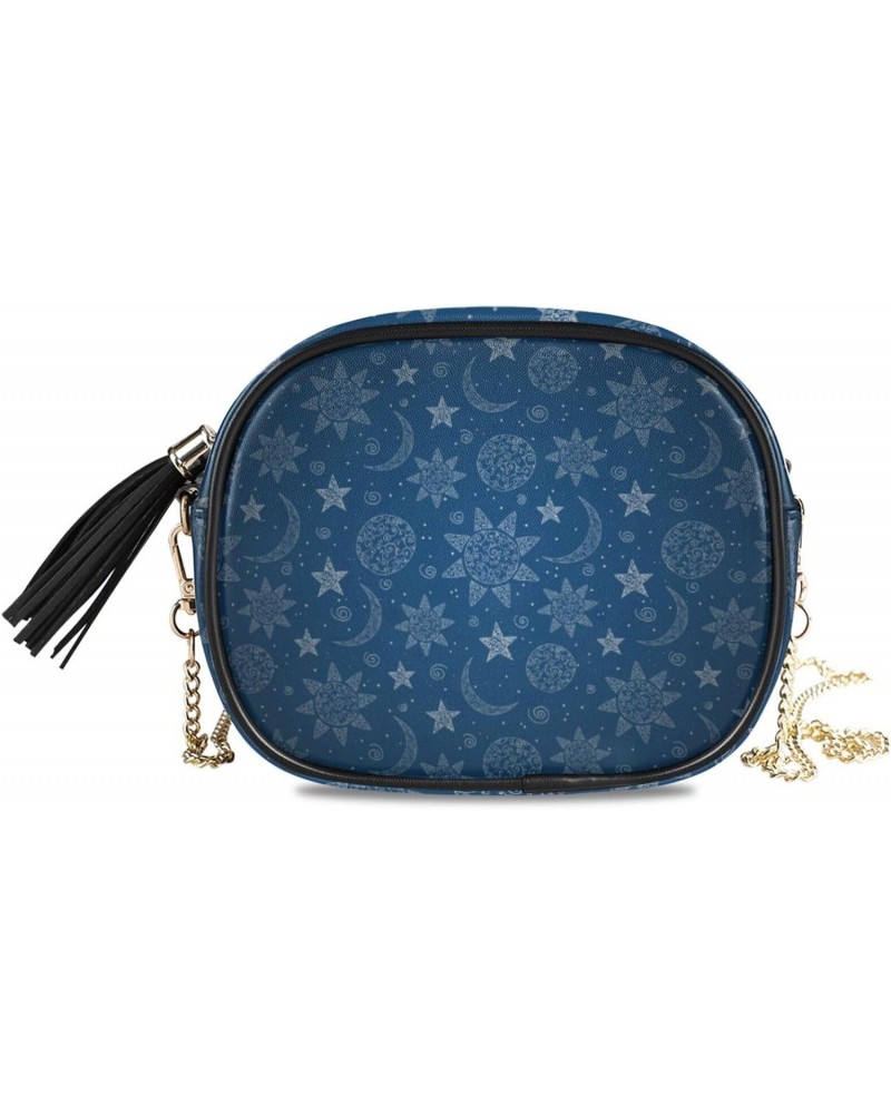 Small Crossbody Bag Blue Abstract Sun Moon Womens Shoulder Chain Bag PU Leather Small Purse With Tassel $11.52 Shoulder Bags