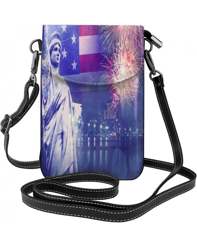 Firework Flag Usa 4th July Women Cell Phone Purse Lightweight Leather Mini Cell Phone Pouch Shoulder Bag $24.82 Shoulder Bags