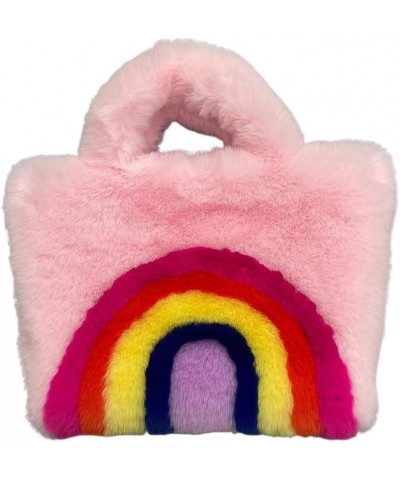 Women Plush Tote Bags Rainbow Design Big Capacity Bag Buckle Closure Luxury Shoulders Bag Furry Removable Shoulder Pink $9.68...