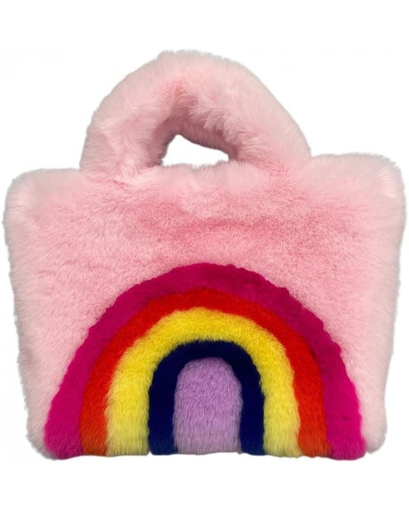 Women Plush Tote Bags Rainbow Design Big Capacity Bag Buckle Closure Luxury Shoulders Bag Furry Removable Shoulder Pink $9.68...