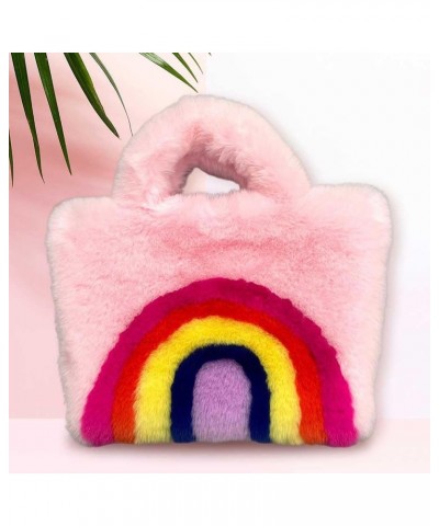 Women Plush Tote Bags Rainbow Design Big Capacity Bag Buckle Closure Luxury Shoulders Bag Furry Removable Shoulder Pink $9.68...