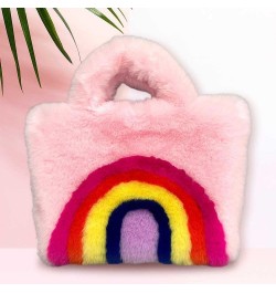 Women Plush Tote Bags Rainbow Design Big Capacity Bag Buckle Closure Luxury Shoulders Bag Furry Removable Shoulder Pink $9.68...