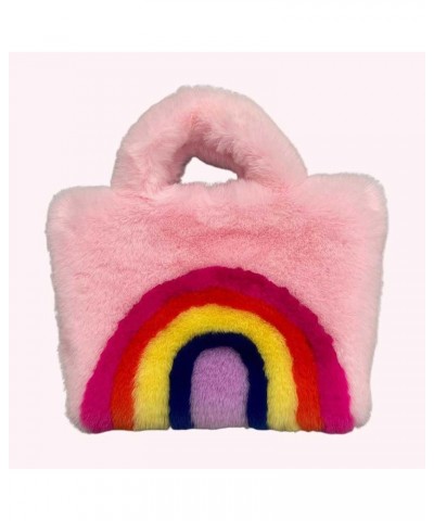 Women Plush Tote Bags Rainbow Design Big Capacity Bag Buckle Closure Luxury Shoulders Bag Furry Removable Shoulder Pink $9.68...