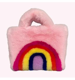 Women Plush Tote Bags Rainbow Design Big Capacity Bag Buckle Closure Luxury Shoulders Bag Furry Removable Shoulder Pink $9.68...