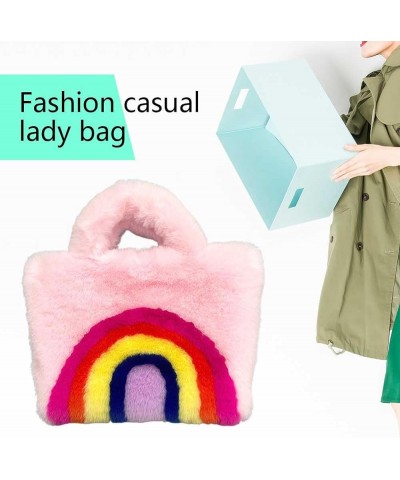 Women Plush Tote Bags Rainbow Design Big Capacity Bag Buckle Closure Luxury Shoulders Bag Furry Removable Shoulder Pink $9.68...