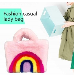 Women Plush Tote Bags Rainbow Design Big Capacity Bag Buckle Closure Luxury Shoulders Bag Furry Removable Shoulder Pink $9.68...