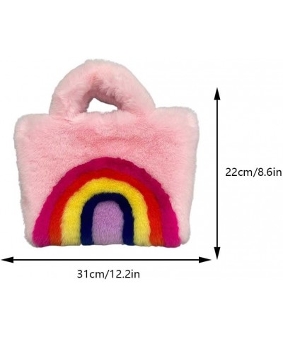 Women Plush Tote Bags Rainbow Design Big Capacity Bag Buckle Closure Luxury Shoulders Bag Furry Removable Shoulder Pink $9.68...