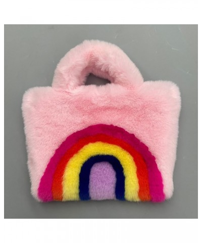 Women Plush Tote Bags Rainbow Design Big Capacity Bag Buckle Closure Luxury Shoulders Bag Furry Removable Shoulder Pink $9.68...