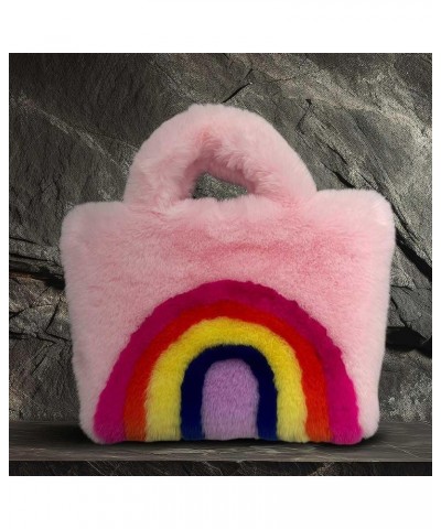 Women Plush Tote Bags Rainbow Design Big Capacity Bag Buckle Closure Luxury Shoulders Bag Furry Removable Shoulder Pink $9.68...