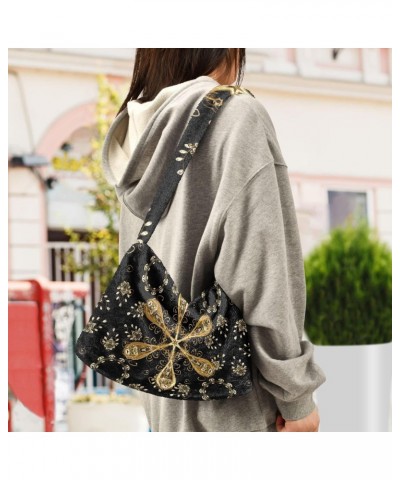 Exotic Golden Mandala Flower Print Fluffy Crossbody Bag Furry Tote Bags for Women Fuzzy Purse Handbag Lady Shoulder Bag Large...