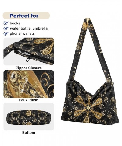 Exotic Golden Mandala Flower Print Fluffy Crossbody Bag Furry Tote Bags for Women Fuzzy Purse Handbag Lady Shoulder Bag Large...