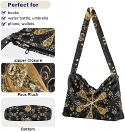 Exotic Golden Mandala Flower Print Fluffy Crossbody Bag Furry Tote Bags for Women Fuzzy Purse Handbag Lady Shoulder Bag Large...