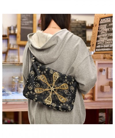 Exotic Golden Mandala Flower Print Fluffy Crossbody Bag Furry Tote Bags for Women Fuzzy Purse Handbag Lady Shoulder Bag Large...