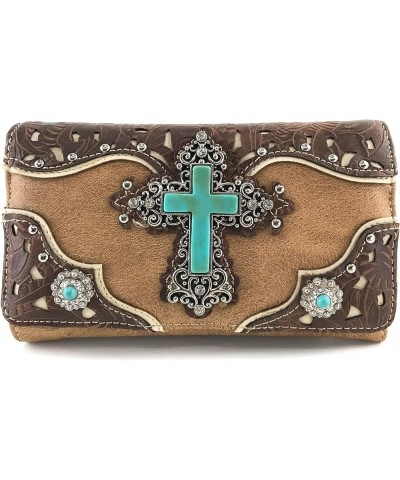 Tooled Leather Laser Cut Turquoise Rhinestone Cross Concho Studded Shoulder Tote Handbag Purse Tan Brown Wallet $27.00 Should...