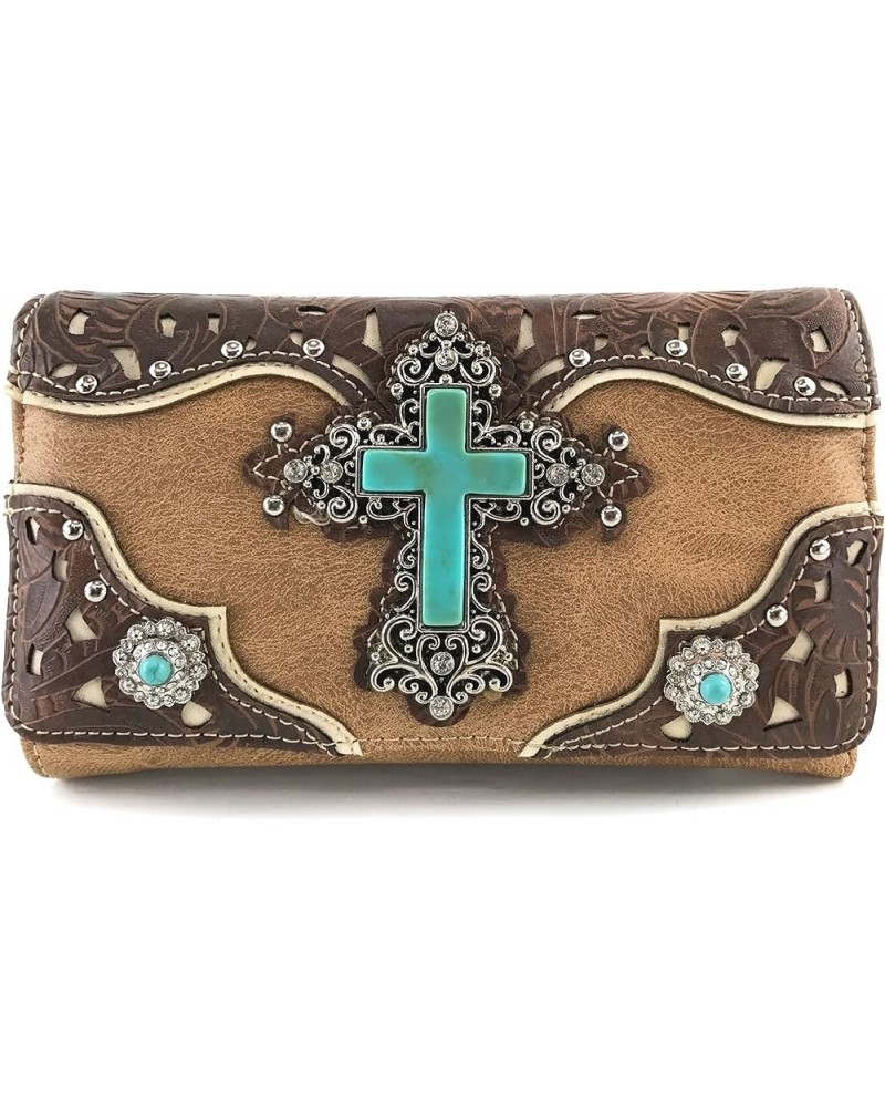 Tooled Leather Laser Cut Turquoise Rhinestone Cross Concho Studded Shoulder Tote Handbag Purse Tan Brown Wallet $27.00 Should...