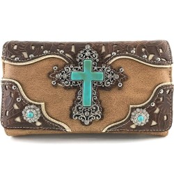 Tooled Leather Laser Cut Turquoise Rhinestone Cross Concho Studded Shoulder Tote Handbag Purse Tan Brown Wallet $27.00 Should...