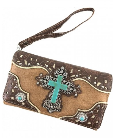 Tooled Leather Laser Cut Turquoise Rhinestone Cross Concho Studded Shoulder Tote Handbag Purse Tan Brown Wallet $27.00 Should...