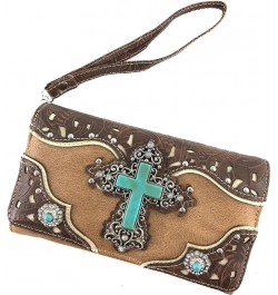 Tooled Leather Laser Cut Turquoise Rhinestone Cross Concho Studded Shoulder Tote Handbag Purse Tan Brown Wallet $27.00 Should...