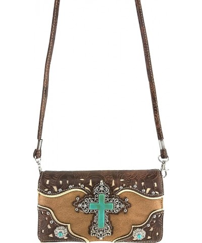 Tooled Leather Laser Cut Turquoise Rhinestone Cross Concho Studded Shoulder Tote Handbag Purse Tan Brown Wallet $27.00 Should...