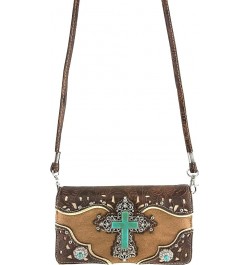 Tooled Leather Laser Cut Turquoise Rhinestone Cross Concho Studded Shoulder Tote Handbag Purse Tan Brown Wallet $27.00 Should...