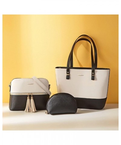 Purses and Handbags for Women Fashion Tote Bags Shoulder Bag Top Handle Satchel Bags Set 3pcs White Black $36.07 Totes