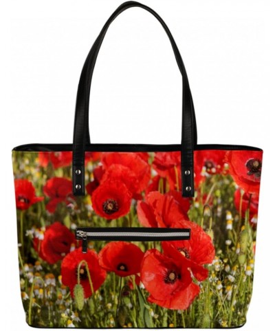 Red Poppy Flower Tote Bag Women Shoulder Handbags PU Leather Everyday Bag with External Pocket Large Capacity Aesthetic Cordu...