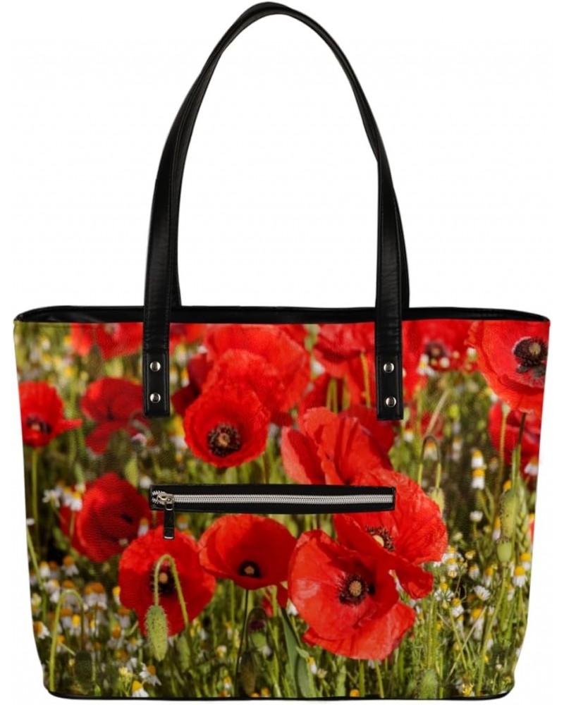 Red Poppy Flower Tote Bag Women Shoulder Handbags PU Leather Everyday Bag with External Pocket Large Capacity Aesthetic Cordu...