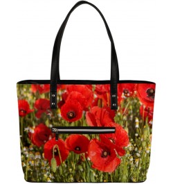 Red Poppy Flower Tote Bag Women Shoulder Handbags PU Leather Everyday Bag with External Pocket Large Capacity Aesthetic Cordu...