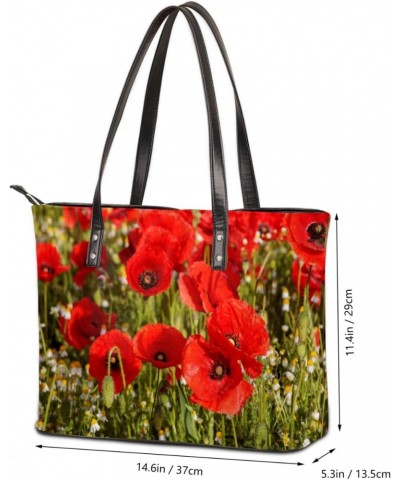 Red Poppy Flower Tote Bag Women Shoulder Handbags PU Leather Everyday Bag with External Pocket Large Capacity Aesthetic Cordu...