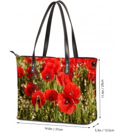 Red Poppy Flower Tote Bag Women Shoulder Handbags PU Leather Everyday Bag with External Pocket Large Capacity Aesthetic Cordu...