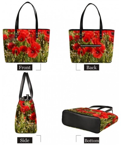 Red Poppy Flower Tote Bag Women Shoulder Handbags PU Leather Everyday Bag with External Pocket Large Capacity Aesthetic Cordu...